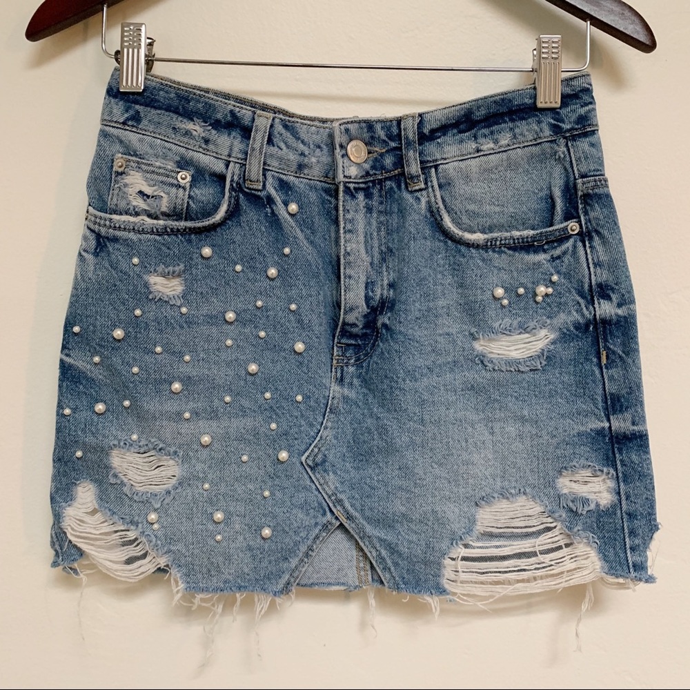 Zara distressed denim skirt with pearls